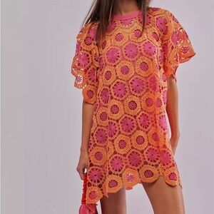 NWT Free People Orange and Pink Crochet Dress with Slip